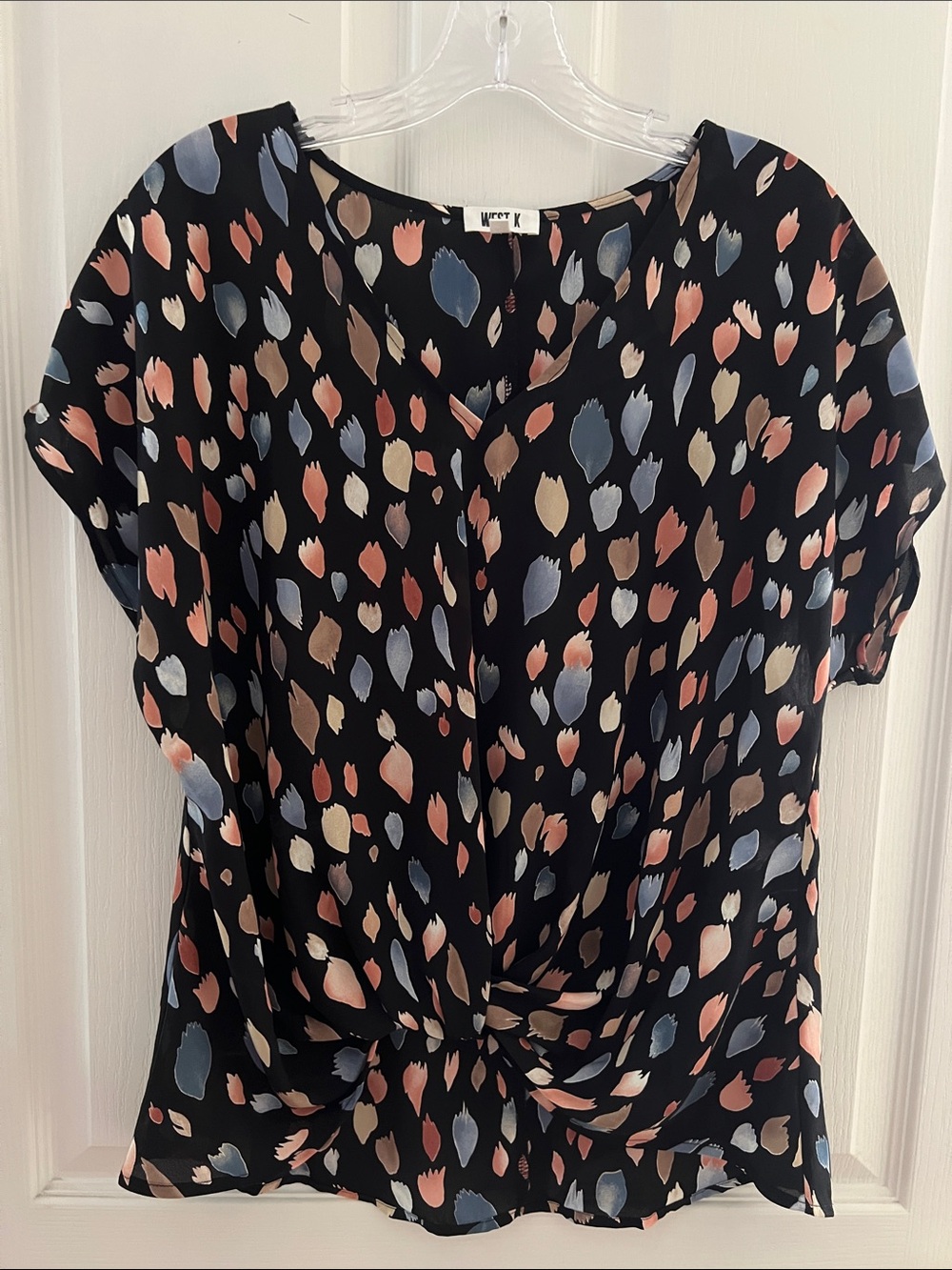 Black Tulip Dot Twist Front Short Sleeve Blouse